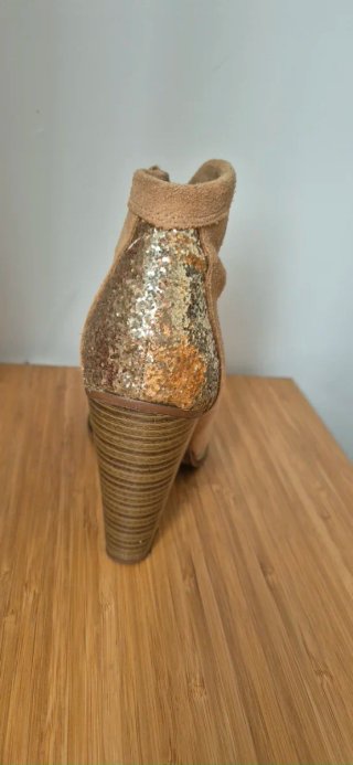 Botín piel tacón glitter beige/dorado