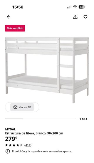NUEVAS ,Estructura litera MYDAL blanca 90x200 cm