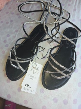 Sandalias Tiras Brillos Terranova Negras Plata
