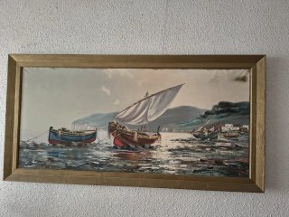 Cuadro de barcos en la costa