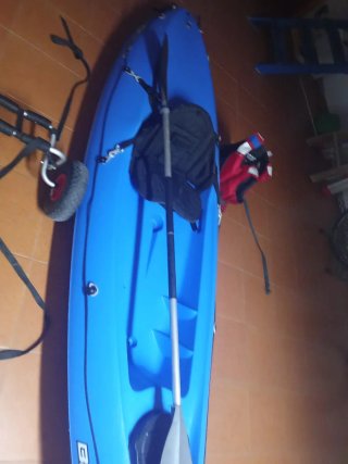 Piragua azul con remos y carrito