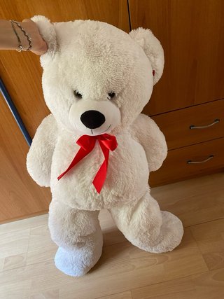 Orso Peluche Bianco con Fiocco Rosso