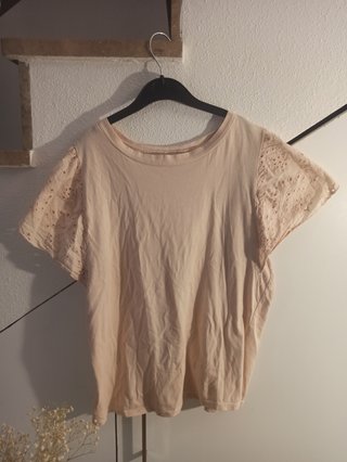 Blusa manga corta encaje beige/rosa