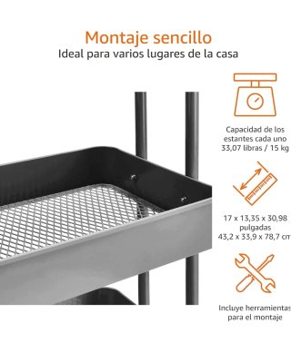 Carrito 3 estantes gris metal
