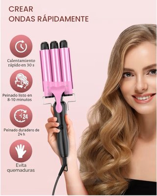 Plancha de pelo ondas 3 tubos rosa