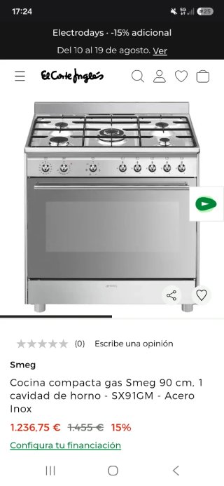 Cocina de gas Smeg 90 cm Acero Inox