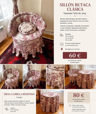 Butaca clásica Toile de Jouy burdeos/crema