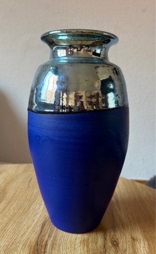 Elegante Jarrón Moderno Cerámica Azul y Plateado