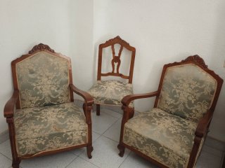 Juego 2 sillones y silla antigua madera.
