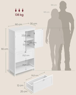 Mueble de Baño, Mueble de Baño, Credenza de Cocina, Armario con 2 Cajones y 2 Puertas, Estante Regulable, 30 X 60 X 110 Cm, Blanco BBC551P31
