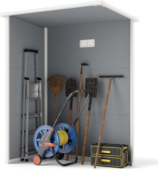 Caseta de Jardín para Herramientas con Acabado Efecto Madera Raspada y Suelo, 1.14M² Caseta de Jardín con Puerta y Cerradura, Techo Inclinado, 151X92X193Cm, Gris