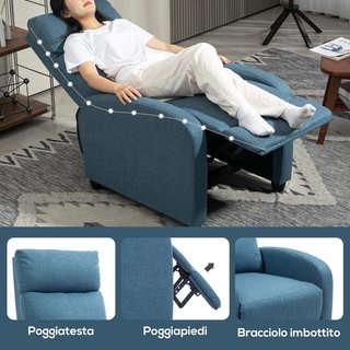 Sillón Relax Reclinable Manual con Reposapiés, Sillón Reclinable Acolchado en Tejido Efecto Lino para Dormitorio, Salón y Sala de Estar, Azul