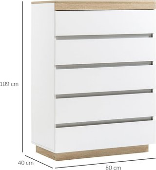 Cómoda de 5 Cajones de Madera, Cómoda para Dormitorio con Dispositivo Antivuelco, 80X40X109 Cm, Blanco y Roble
