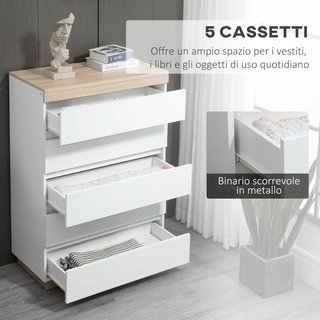 Cómoda de 5 Cajones de Madera, Cómoda para Dormitorio con Dispositivo Antivuelco, 80X40X109 Cm, Blanco y Roble