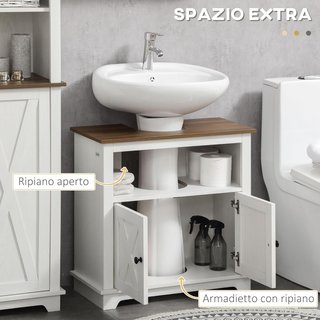 Mueble de Baño Bajo Lavabo con Armario de 2 Puertas y Estante Abierto, Mueble de Baño de Aglomerado, para Lavabos con o sin Columna, 60X30X60 Cm, Blanco y Color Nogal