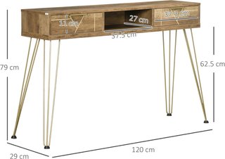 Mesa Consola de Aglomerado y Acero para Entrada y Sala de Estar con Superficie, Estante Abierto y 2 Cajones, 120X29X79 Cm, Bronce