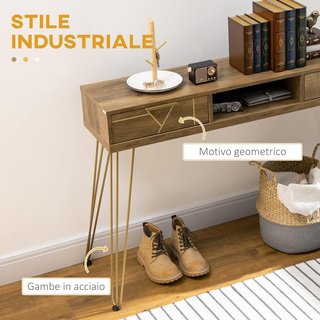 Mesa Consola de Aglomerado y Acero para Entrada y Sala de Estar con Superficie, Estante Abierto y 2 Cajones, 120X29X79 Cm, Bronce