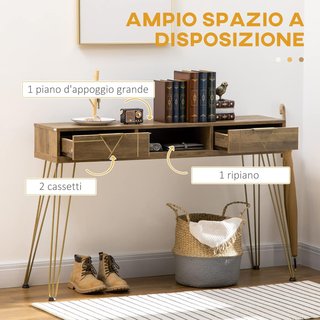 Mesa Consola de Aglomerado y Acero para Entrada y Sala de Estar con Superficie, Estante Abierto y 2 Cajones, 120X29X79 Cm, Bronce