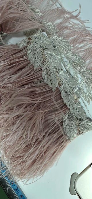 Encaje Plateado con Plumas de Avestruz