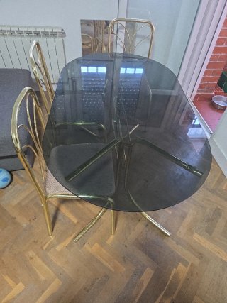 Mesa comedor vintage cristal ahumado dorado