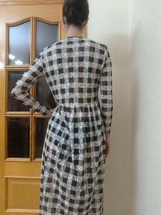 Vestido largo cuadros beis y negro