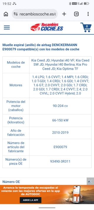 Anillo Airbag Kia Hyundai