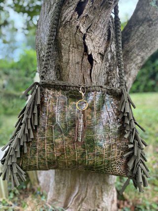 Borsa vera pelle coccodrillo e fettuccia