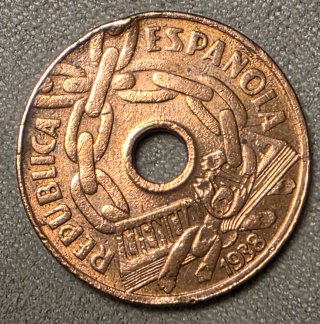 Moneda 25 céntimos España 1938 Cobre