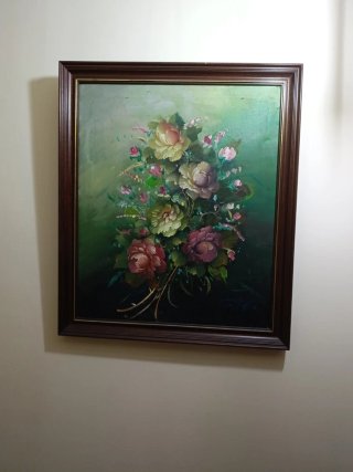 Cuadro al óleo de flores y caballos