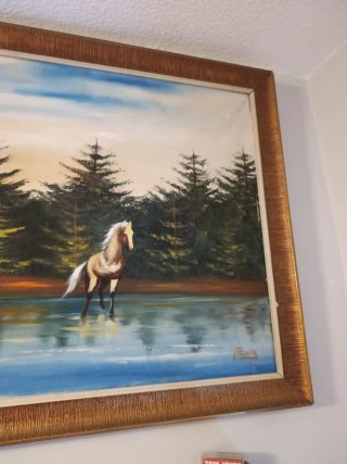 Cuadro al óleo de flores y caballos