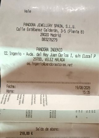 Vale Regalo Pandora 218€