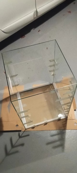 Vitrina expositora de cristal transparente.