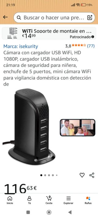 Cámara Espía Cargador USB WiFi HD 1080P App Tuya