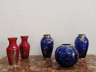 Juego 5 Jarrones Cristal Azul Grabado Plata