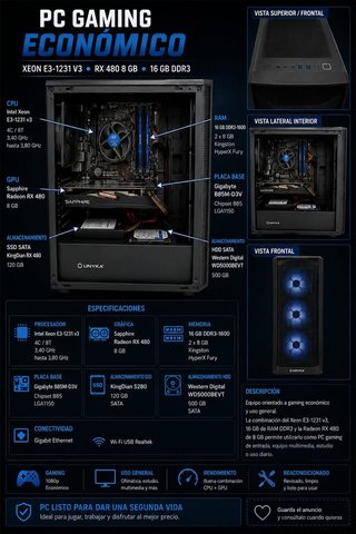 PC Gamer Económico Xeon E3 RX 480 16GB DDR3