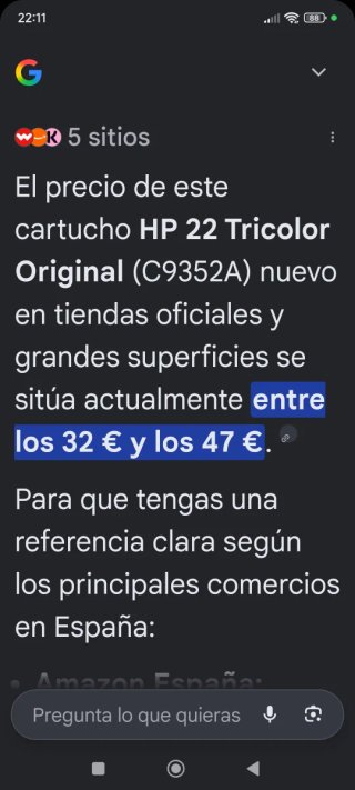 Cartucho HP 22 Tricolor Original Nuevo