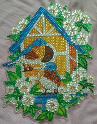Mosaico Diamante Pájaros Casa Flores hecho a mano
