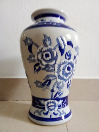 Jarrón Vintage Cerámica Azul y Blanco