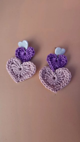 Pendientes Corazón Crochet Morado Rosa