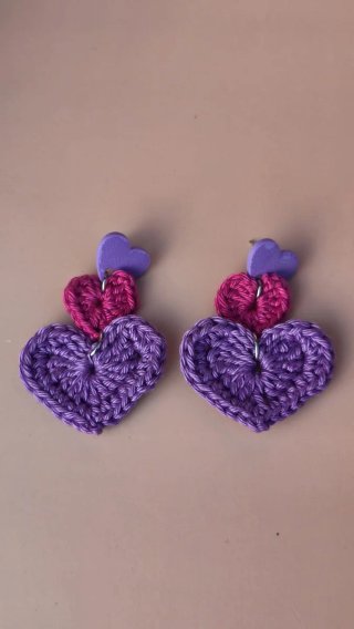 Pendientes Corazón Crochet Morado Rosa