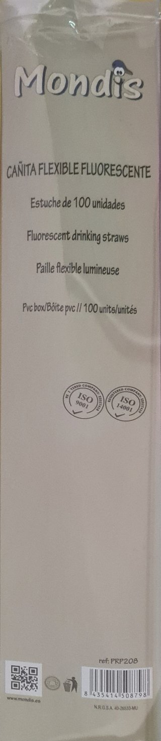 Pack 300 pajitas flexibles fluorescentes Mondis