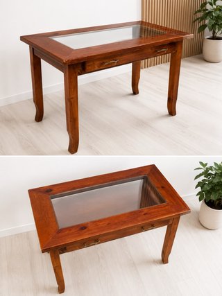 Mesa de cafetería en madera con tapa de cristal
