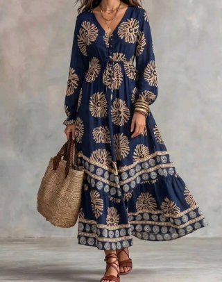 Vestido largo estampado azul y beige
