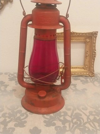 Antiguo Farol Queroseno Rojo Cristal