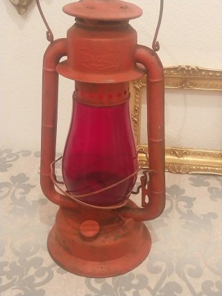 Antiguo Farol Queroseno Rojo Cristal