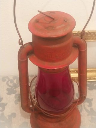 Antiguo Farol Queroseno Rojo Cristal