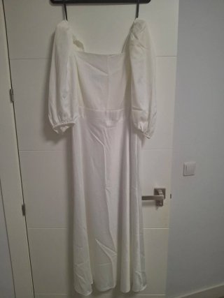 Vestido blanco novia escote cuadrado manga abullon