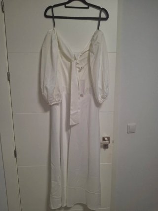Vestido blanco novia escote cuadrado manga abullon