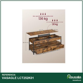 VASAGLE Mesa de Centro Elevable LCT252K01