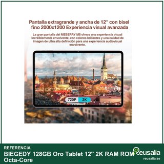 BIEGEDY 128GB Oro Tablet 12" 2K RAM ROM Octa-Core